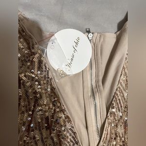 Beaded shoulders, high split sequence formal dress.